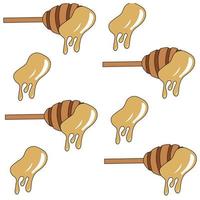 Honey spoon with dripping drops of honey in cartoon style. Seamless pattern. Vector illustration isolated on white background.