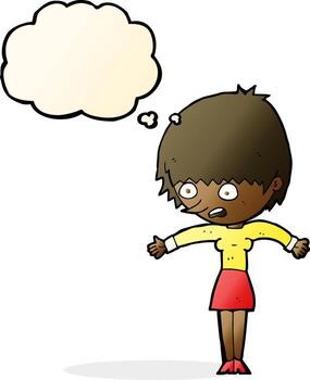 caricatura, mujer, pánico, con, burbuja del pensamiento vector