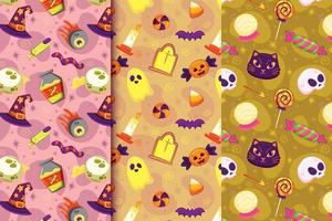 conjunto de tres patrones con elementos de halloween dibujados a mano vector