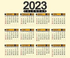 Monthly calendar template for the year 2023. The week starts on Sunday. Wall calendar in classic style. vector