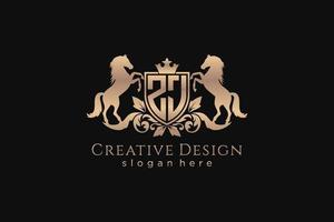 initial ZJ Retro golden crest with shield and two horses, badge template with scrolls and royal crown - perfect for luxurious branding projects vector