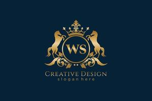 initial WS Retro golden crest with circle and two horses, badge template with scrolls and royal crown - perfect for luxurious branding projects vector