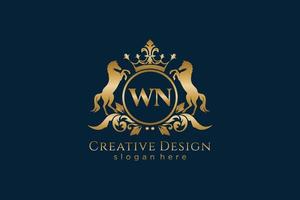 initial WN Retro golden crest with circle and two horses, badge template with scrolls and royal crown - perfect for luxurious branding projects vector