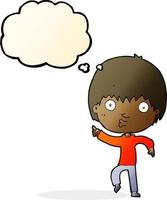 cartoon impressed boy pointing with thought bubble vector