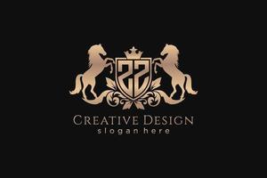 initial ZZ Retro golden crest with shield and two horses, badge template with scrolls and royal crown - perfect for luxurious branding projects vector