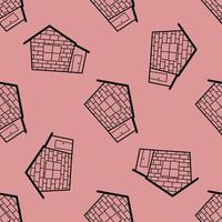 Seamless vector pattern of contour houses in doodle style on pink background.