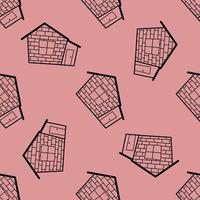 Seamless vector pattern of contour houses in doodle style on pink background.