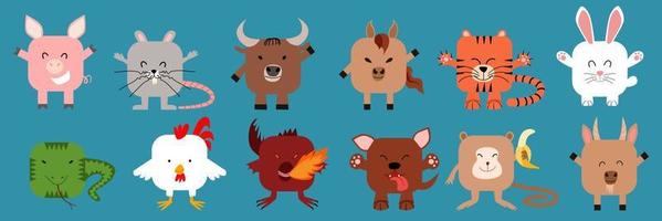 A set of Chinese zodiac animals of square shape with rounded corners. vector