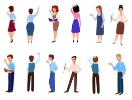 A set of men and women who report, teach. Teacher with a pointer and a book in his hand. vector