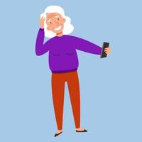 An elderly woman takes pictures of herself. vector