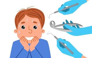 The boy is afraid of the dentist. A frightened patient is a child experiencing a panic attack in the office of a dental clinic. vector