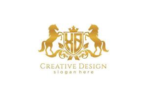 initial XB Retro golden crest with shield and two horses, badge template with scrolls and royal crown - perfect for luxurious branding projects vector