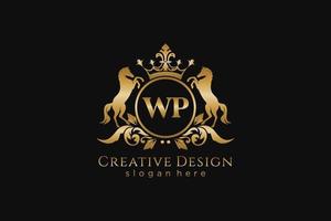 cresta dorada retro wp inicial con círculo y dos caballos, plantilla de insignia con pergaminos y corona real - perfecto para proyectos de marca de lujo vector