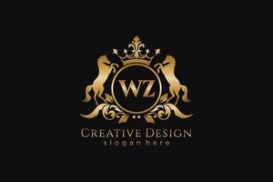 initial WZ Retro golden crest with circle and two horses, badge template with scrolls and royal crown - perfect for luxurious branding projects vector