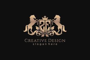 initial ZF Retro golden crest with shield and two horses, badge template with scrolls and royal crown - perfect for luxurious branding projects vector