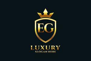 initial EG elegant luxury monogram logo or badge template with scrolls and royal crown - perfect for luxurious branding projects vector