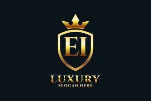 initial EI elegant luxury monogram logo or badge template with scrolls and royal crown - perfect for luxurious branding projects vector