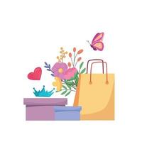 el concepto de vacaciones de primavera para mujeres. ilustración de dibujos animados vectoriales con regalos, flores y una mariposa. dulce postal. vector