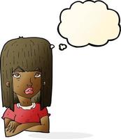 cartoon girl with folded arms with thought bubble vector