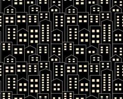 Night city silhouette seamless pattern. Beige monochrome vector illustration in flat style on a black background