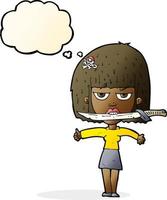 cartoon woman with knife between teeth with thought bubble vector