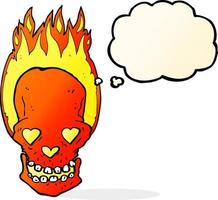 cartoon flaming skull with love heart eyes with thought bubble vector