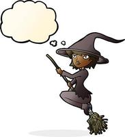 cartoon witch riding broomstick with thought bubble vector