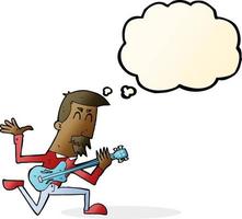 caricatura, hombre, juego, guitarra eléctrica, con, pensamiento, burbuja vector