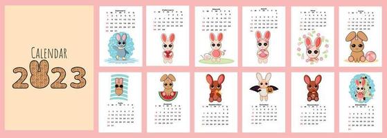 Calendar 2023 with cute rabbit. Covers and 12 month vector pages bunny character symbol year