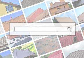 Visualization of the search bar on the background of a collage of many pictures with fragments of various types of roofing. Set of images with roofs photo