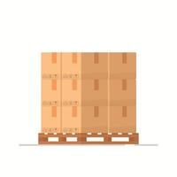 cajas en un palet de madera. ilustración vectorial, cajas de cartón de estilo plano. vista frontal de la pila de paquetes. vector