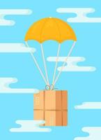 Vector illustration of an isolated balloon parcel in the clouds. Fast and unusual delivery in the sky. Isolated object on blue background.