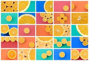 un collage de muchas fotos con jugosas naranjas. conjunto de imágenes con frutas y diferentes colores