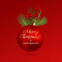 Happy new year 2023 greeting vector templates. Merry Christmas design greeting text with colorful Christmas decor elements such as a ball, fir tree branch, berry on a red background with luxury gold.