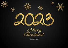 feliz año nuevo 3d 2023 plantilla de vector de papel tapiz de saludo. texto de saludo de diseño de feliz navidad con elementos de decoración de navidad como copos de nieve sobre un fondo negro con oro de lujo.