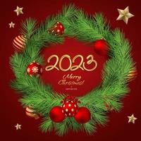 2023 Corona navideña realista en 3d de forma redonda hecha de ramas de pino de aspecto realista y decorada con bayas, bolas doradas, estrellas. Feliz navidad y próspero año nuevo. vector