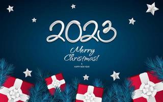 feliz año nuevo 2023 plantillas de vectores de saludo. texto de saludo de diseño de feliz navidad con coloridos elementos de decoración de navidad regalo, rama de abeto, estrellas sobre un fondo azul con plata de lujo