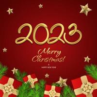 Happy new year 2023 greeting vector templates. Merry Christmas design greeting text with colorful Christmas decor elements such as a gift, fir tree branch, stars on a red background with luxury gold.