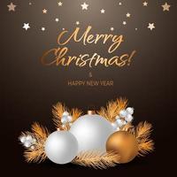 Merry Christmas and Happy New Year black promotional poster or banner design scene with balls and fir tree branch with berries for retail, shopping or promotion. Luxury gold text. Copy space. vector