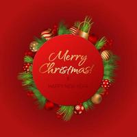 Happy new year 2023 greeting vector templates. Merry Christmas design greeting text with colorful Christmas decor elements such as a ball, fir tree branch, berry on a red background with luxury gold.