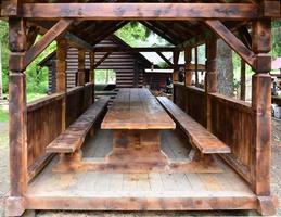 Interior of a wooden arbor handmade from dark wood in the woodland photo