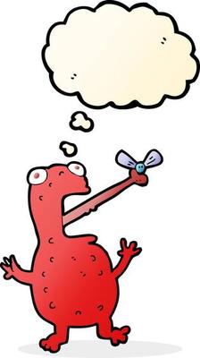 cartoon poisonous frog catching fly with thought bubble
