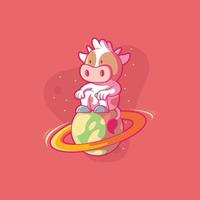 Cow Character on top of a planet in space vector illustration. Technology, space, funny design concept.