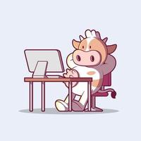 Cow Character working on a computer vector illustration. Business, motivation, brand design concept.