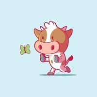 Cow Character trying to catch a butterfly vector illustration. Animal, brand, mascot design concept.