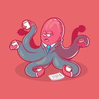 Working octopus drinking coffee vector illustration. Workaholic, brand, funny design concept.