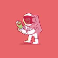 Astronaut holding a baby alien vector illustration. Mascot, brand, aliens design concept.