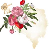 Floral template with arrangement of peonies, iris and poppies with greenery on watercolor styled background vector