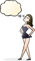 cartoon woman in party dress with thought bubble vector