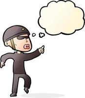 cartoon man in bike helmet pointing with thought bubble vector